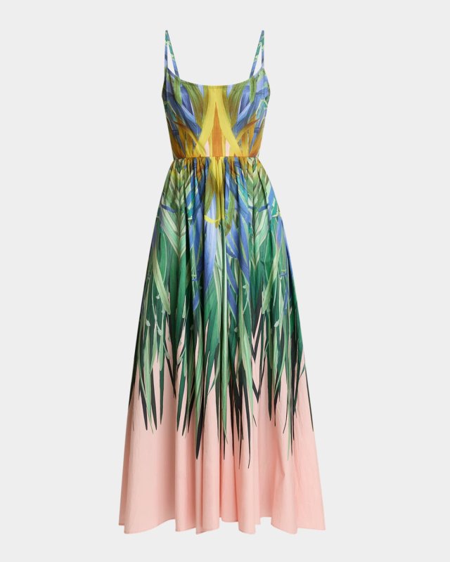 Printed Cotton Low-Back Midi Dress